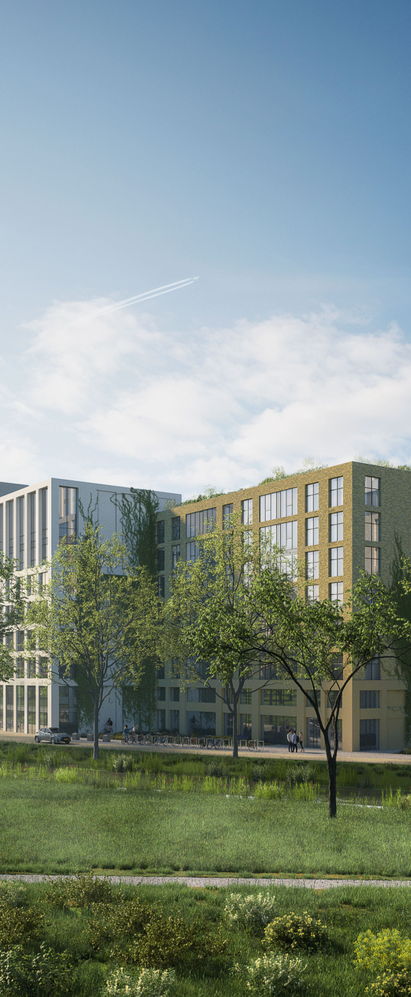 Impressie beeld van het Archimedeskwartier, met een groene omgeving en wooncomplexen in de achtergrond
